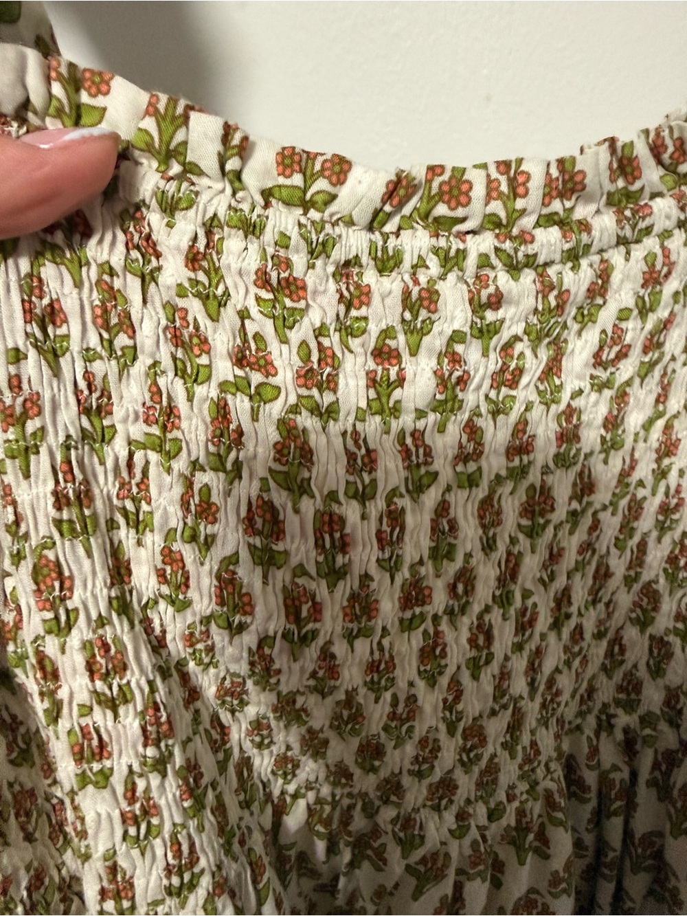 Smocked White Midi Dress with Olive Floral Print - Picture 3 of 4